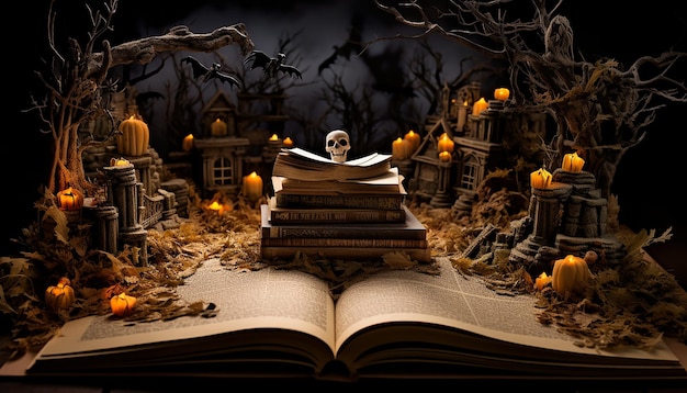 Photo an open book contains a scene with an image of a halloween grave