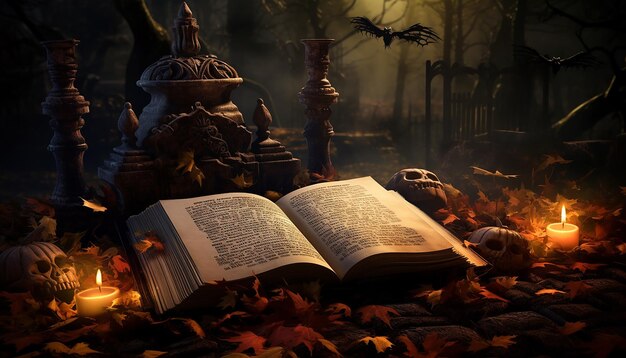 An open book contains a scene with an image of a halloween grave
