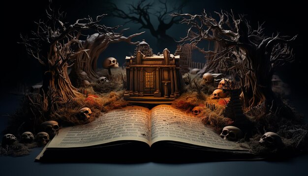 An open book contains a scene with an image of a halloween grave