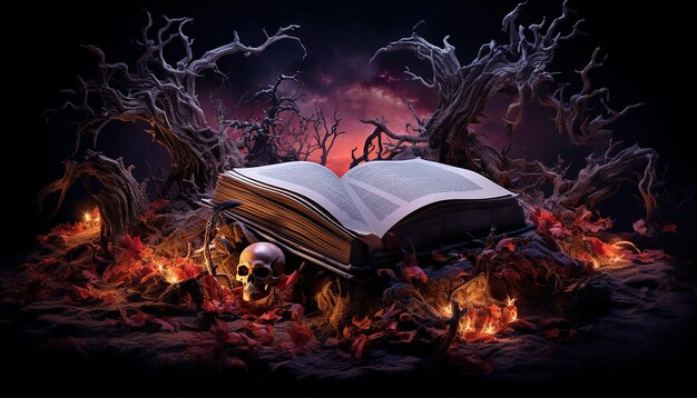 Foto un libro aperto contiene una scena con l'immagine di una tomba di halloween