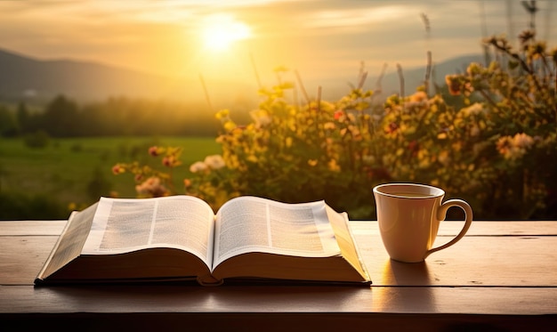 An open book and a cup of coffee on a table