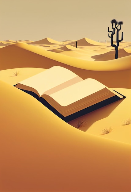 An open book in the desert with a cactus on it.