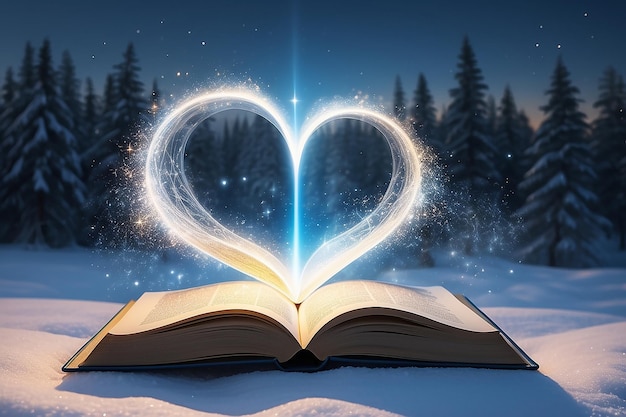 Open book emitting sparkling light on the background of winter clear sky concept for new age or spiritual meaning