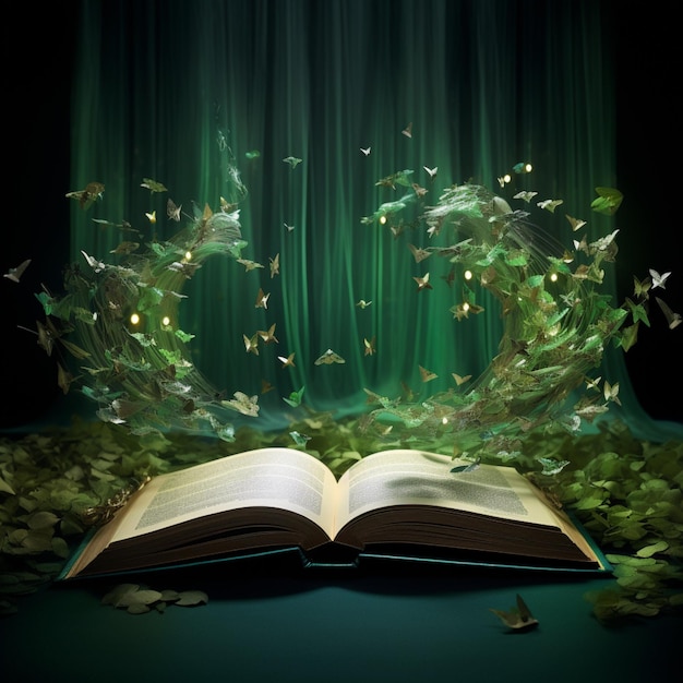 An open book on green background