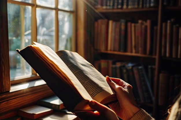 Open book in hands Library Light from the window