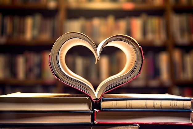Открытая книга в форме сердца на фоне библиотеки