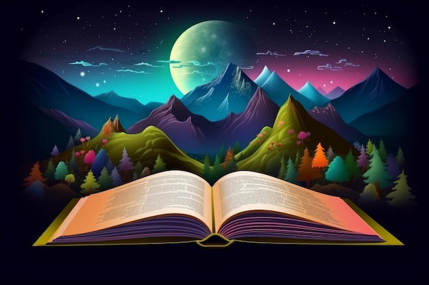 Photo an open book is on a background of mountains and the moon