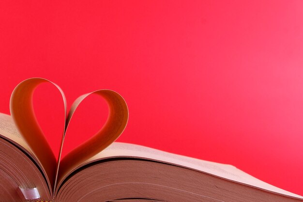 An open book and its pages form a heart isolated on a red background