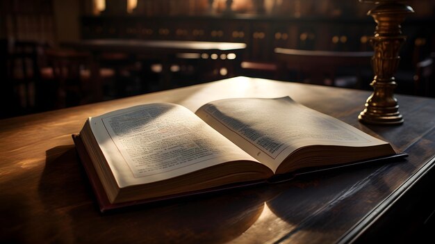 An open book on a library table bathed in soft ambient light