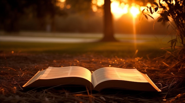 An open book lies on the grass illuminated by the warm tones of the sunset