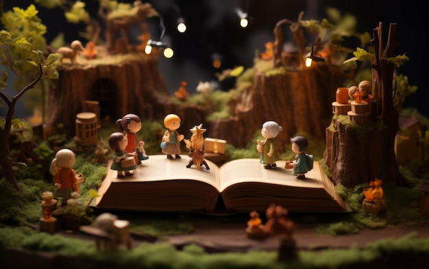 Открытая книга лежит с крошечными статуэтками, расположенными на вершине, оживляя сказки в причудливой сцене.