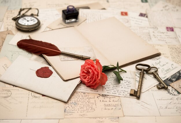 Open book, old accessories and postcards