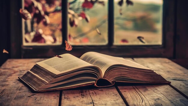 Open book on old wooden table