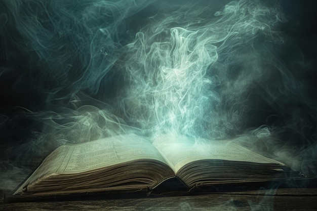 Открытая книга лежит на деревянном столе, создавая простое и прямое изображение, неземное привидение, поднимающееся со страниц древней книги, созданное ИИ.