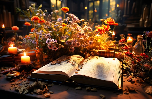 Открытая книга сидит на столе с растениями, из которых исходит солнечный свет