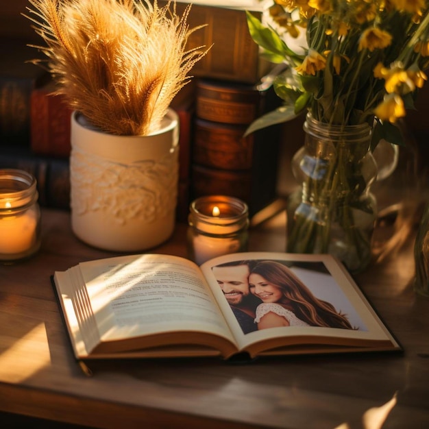 an open book sitting on top of a wooden table