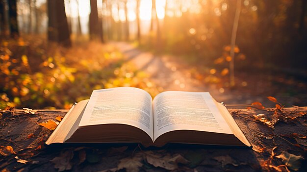 an open book sitting on a tree stump in the woods