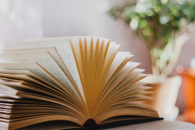 Libro aperto sul tavolo, primo piano, stanza luminosa. prenota in biblioteca. concetto per la giornata mondiale del libro