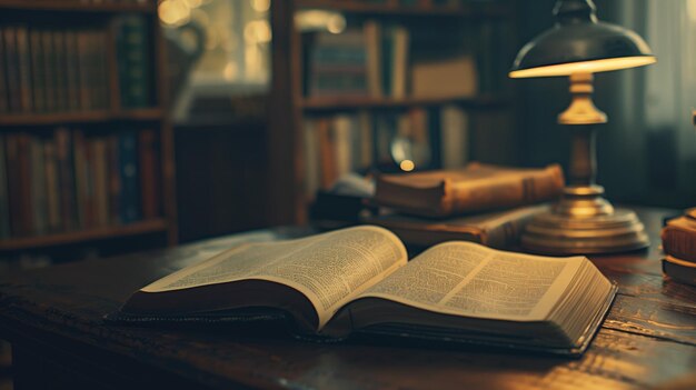 Open book on table under lamplight warm library ambiance inviting knowledge exploration