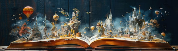 An open book on a table unfolds into a fantastical landscape with castles and balloons