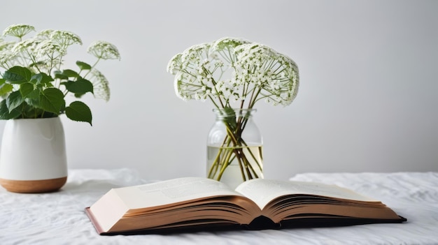 Foto libro aperto sul tavolo accanto al vaso con i fiori