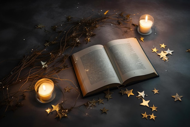 An open book on a table with candles and stars