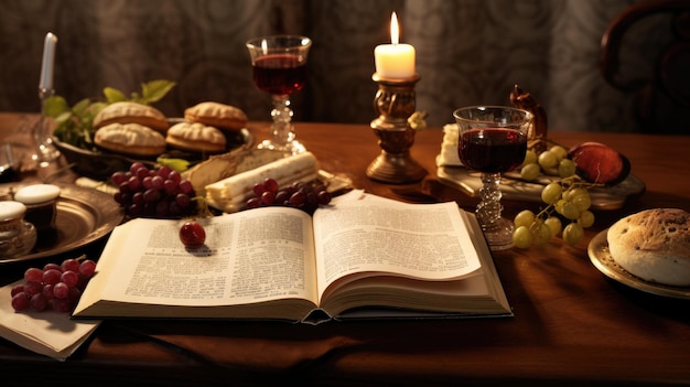 Open Book on Table With Glass of Wine Passover