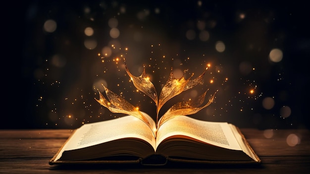 Photo open book on table with golden glitter and glowing pages