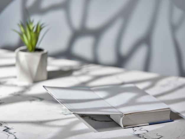 Open book on the table with natural shadows