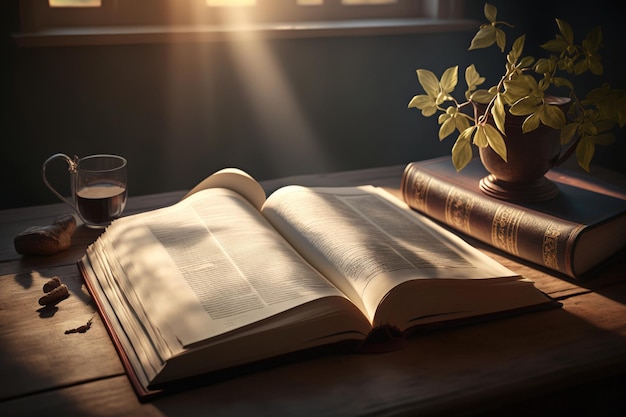 Open book on table with warm sunlight