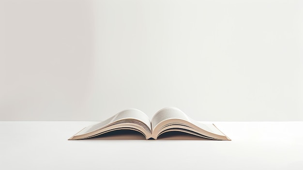 an open book on a table with a white background.