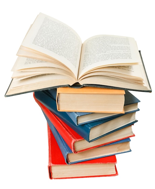 Open book on top of stack of books