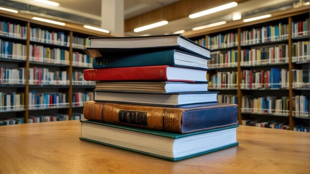 Photo open book on top of stacked books on desk