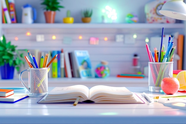 Open book on white desk with school supplies