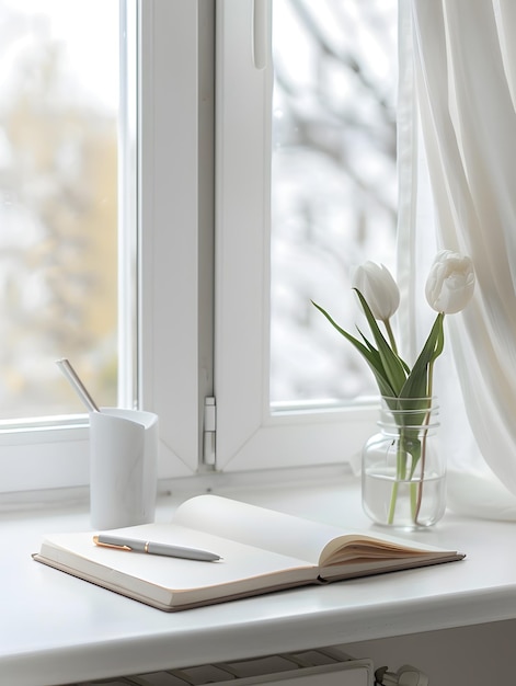 Open Book on Window Sill in Soft and Airty Composition