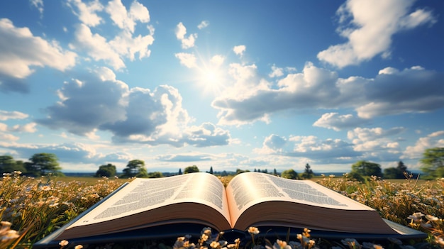 Photo an open book with a blue sky and clouds