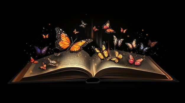 Open book with butterflies on black backgroundgenerative ai