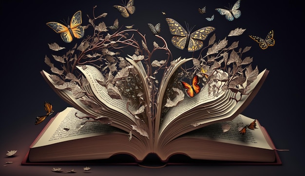 An open book with butterflies coming