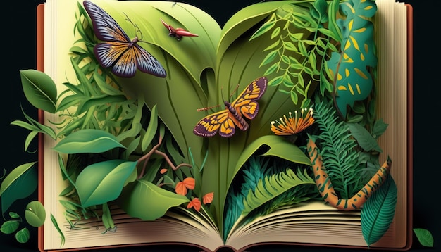 Open book with butterflies leaves and flowers on a dark background Generative AI