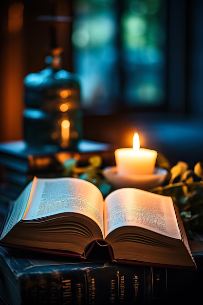 촛불이 위에 놓여 있는 열린 책