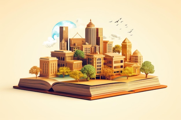 Photo open book with city on it over a yellow background