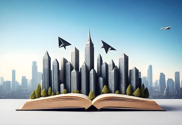 open book with cityscape and paper planes on it