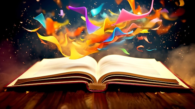 Photo open book with colorful bookmark flying out of it's pages