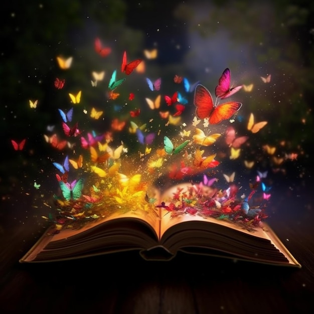 An open book with a colorful butterfly flying out of it generative ai