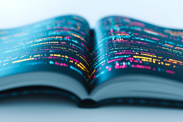 Premium Photo | Open book with colorful coding lines representing data ... image.
