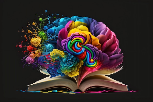 Open book with a colorful creative brain in it isolated on dark background Book day concept