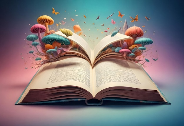 an open book with colorful mushrooms flying out of it