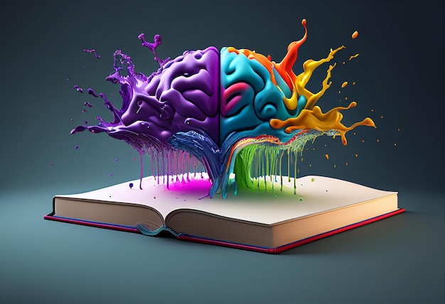 Open book with colorful paint splashes humain brain 3D illustration generative ai