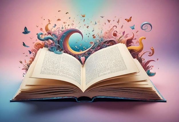 an open book with colorful swirls and butterflies