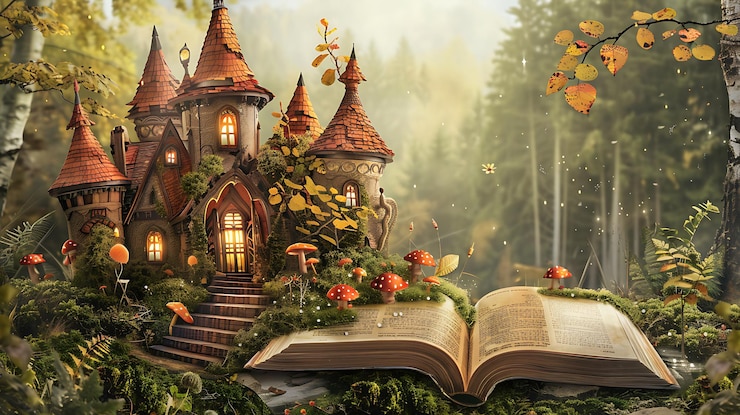 Photo open book with fairy tale house in the forest